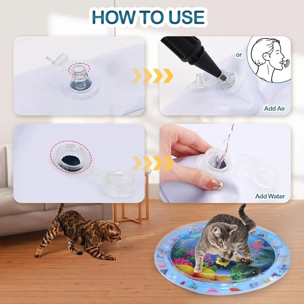 Thickened PVC water sensory playmat for cats with ocean fish design and floating toys