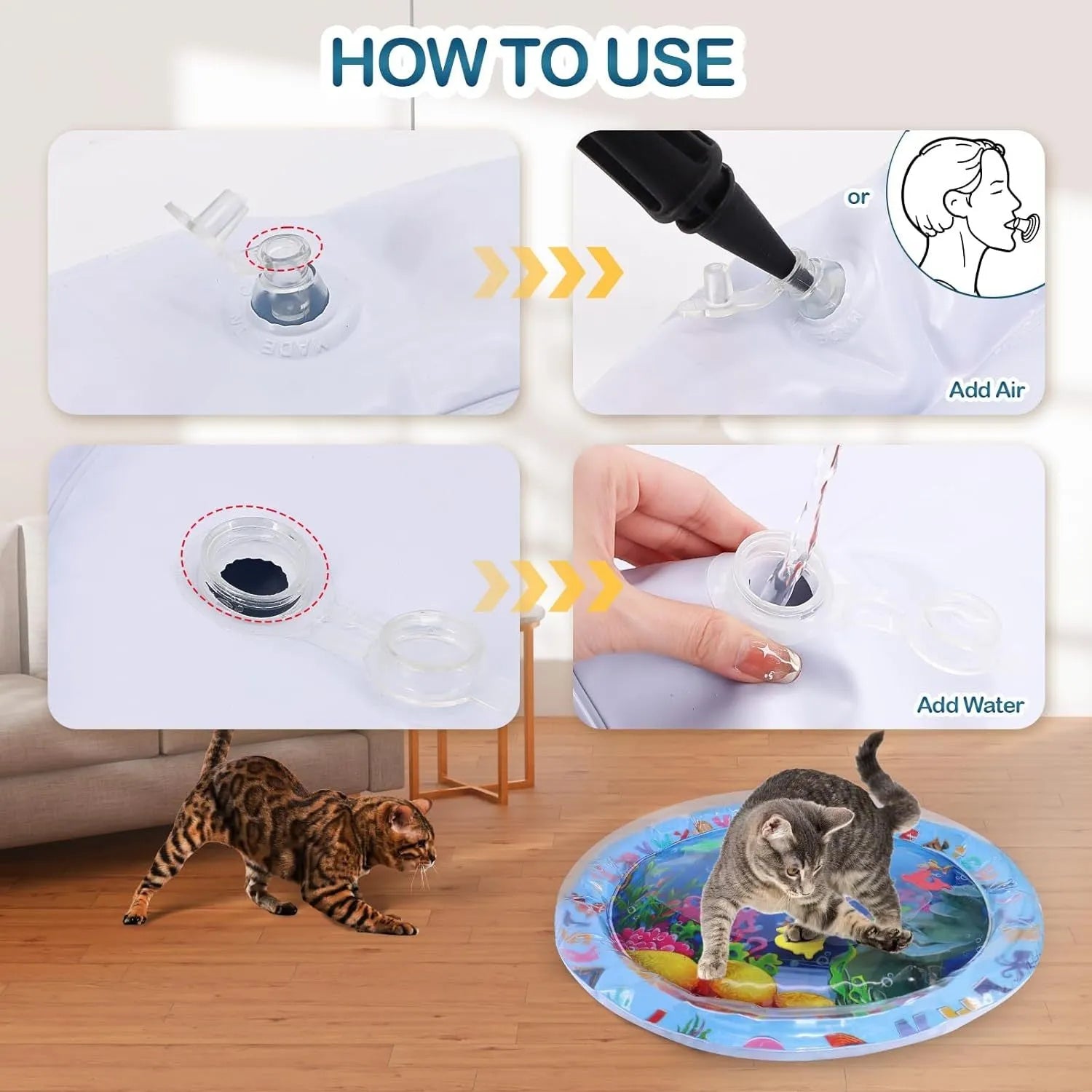 Thickened PVC water sensory playmat for cats with ocean fish design and floating toys
