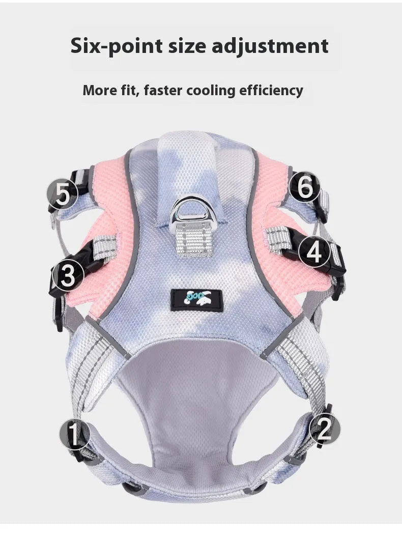 Reflective polyester chest strap for dogs in light blue, shown on a pet.