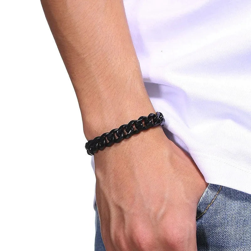 Gold Cuban link bracelet with flat six-sided metal chains in various widths and colour options.
