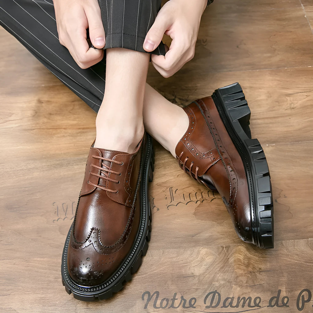 Black and brown men's brogue shoes with round toe and artificial PU upper for business casual wear.
