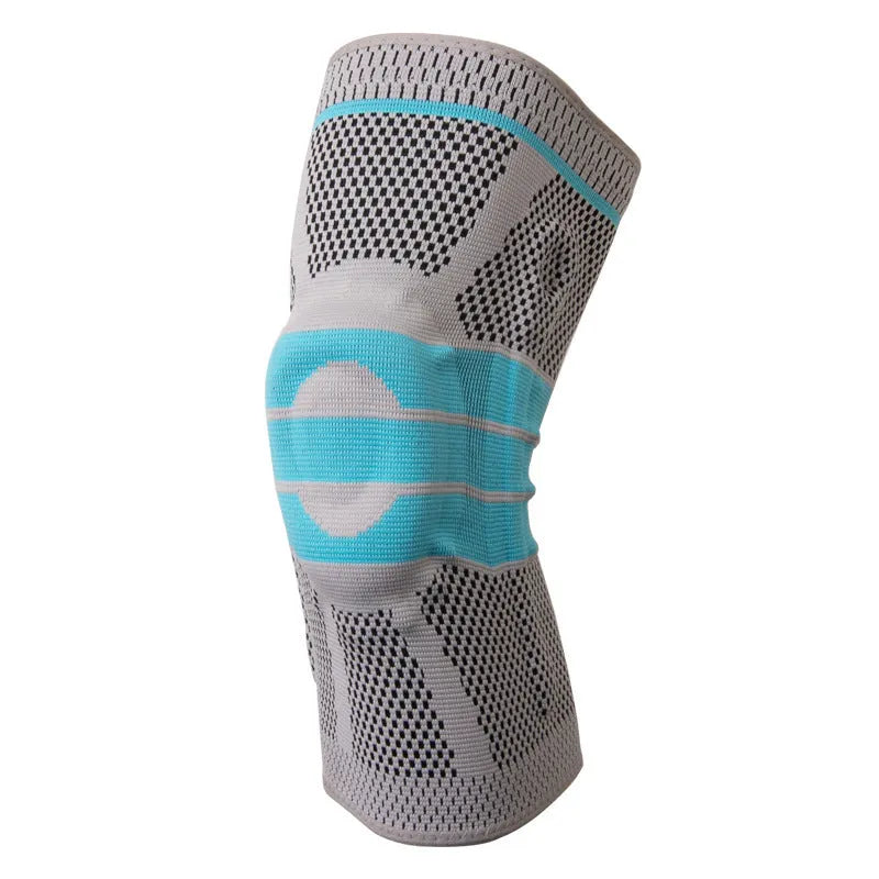Sky blue silicone running and basketball knee pads showing elastic fibre material on a neutral background.