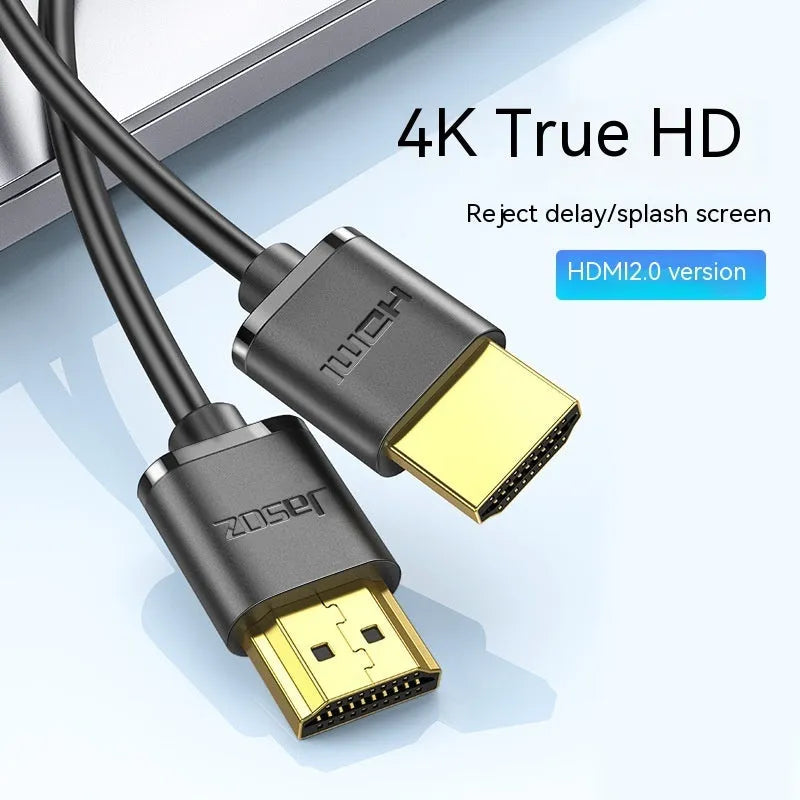 HDMI cable with gold-plated connectors available in multiple lengths for computer, monitor, and projector connection.