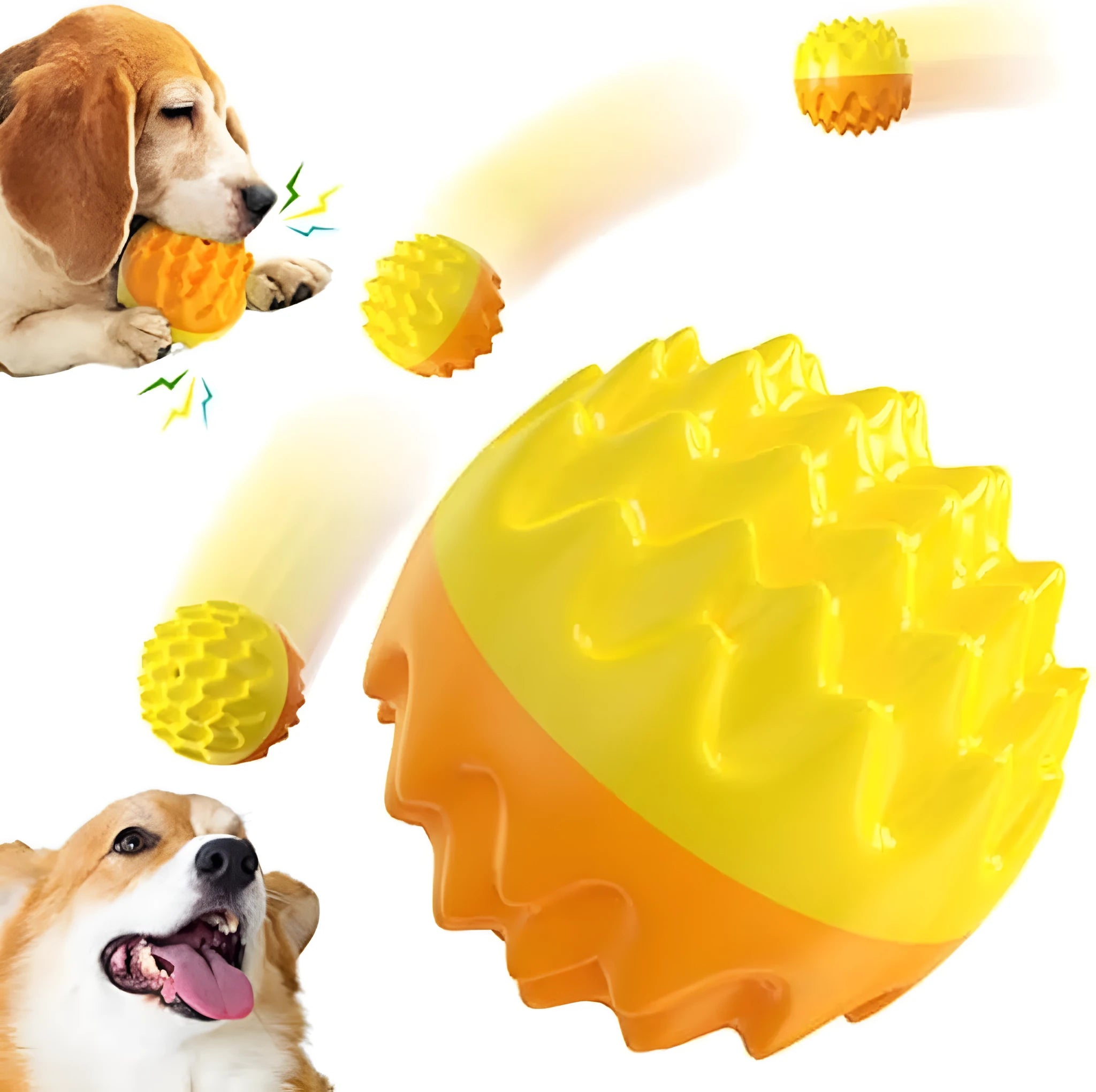 Blue and orange squeaky dog ball toy with dental cleaning spiky bumps for aggressive chewers