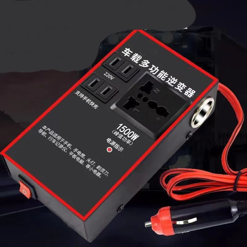 Black automotive power converter converting 12V/24V vehicle power to 220V AC with USB charging
