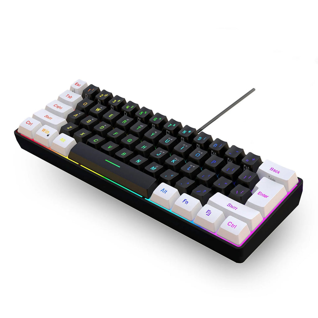 White and black wired 61-key membrane keyboard with compact 28.7cm width design
