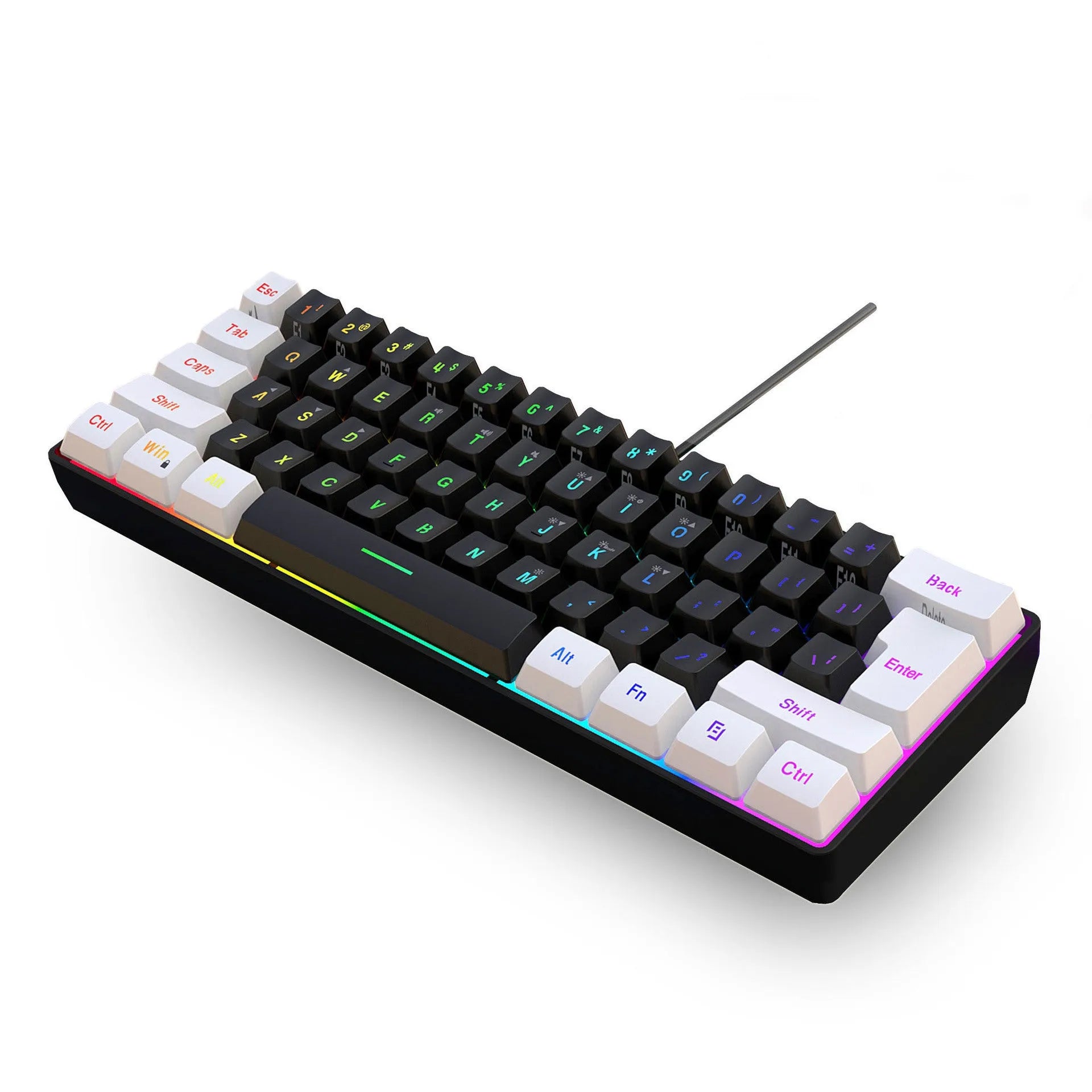 White and black wired 61-key membrane keyboard with compact 28.7cm width design