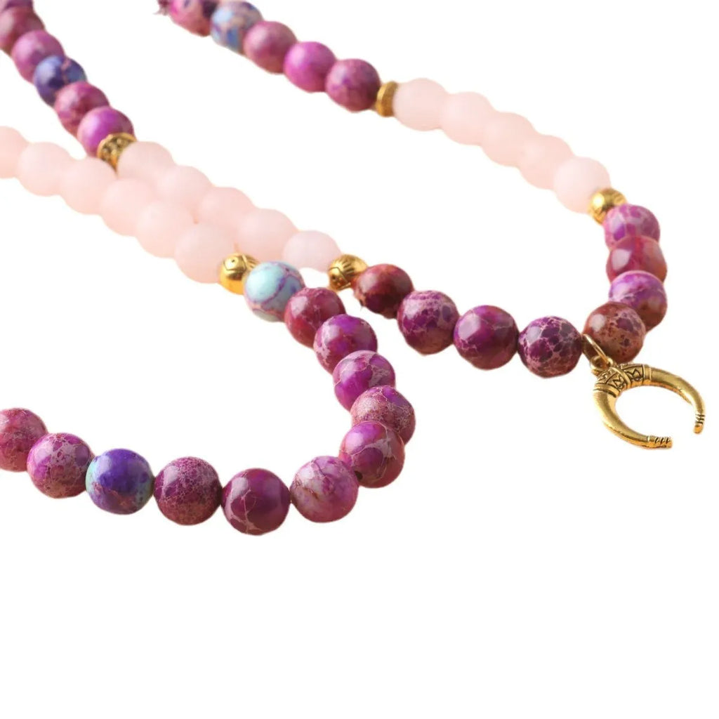 Round Emperor Stone necklace pendant with pink crystal detailing on chain