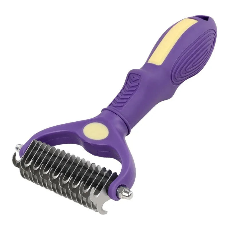 Purple plastic double-sided pet grooming comb with knot-removing teeth for dogs