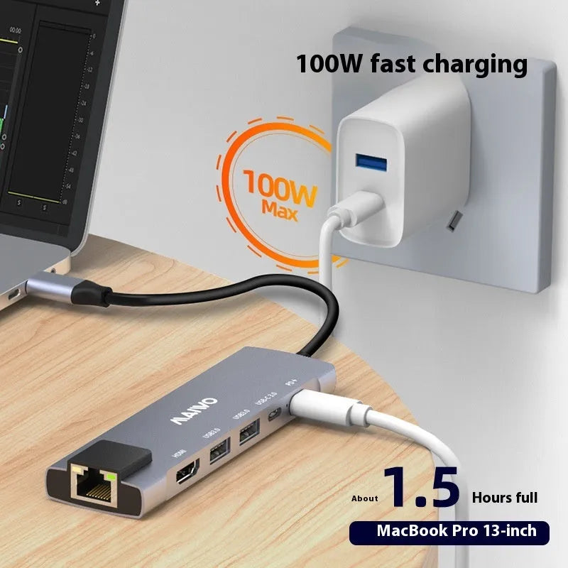 Steam Deck six-in-one aluminium docking station with Type-C cable, HDMI, Ethernet, and USB ports