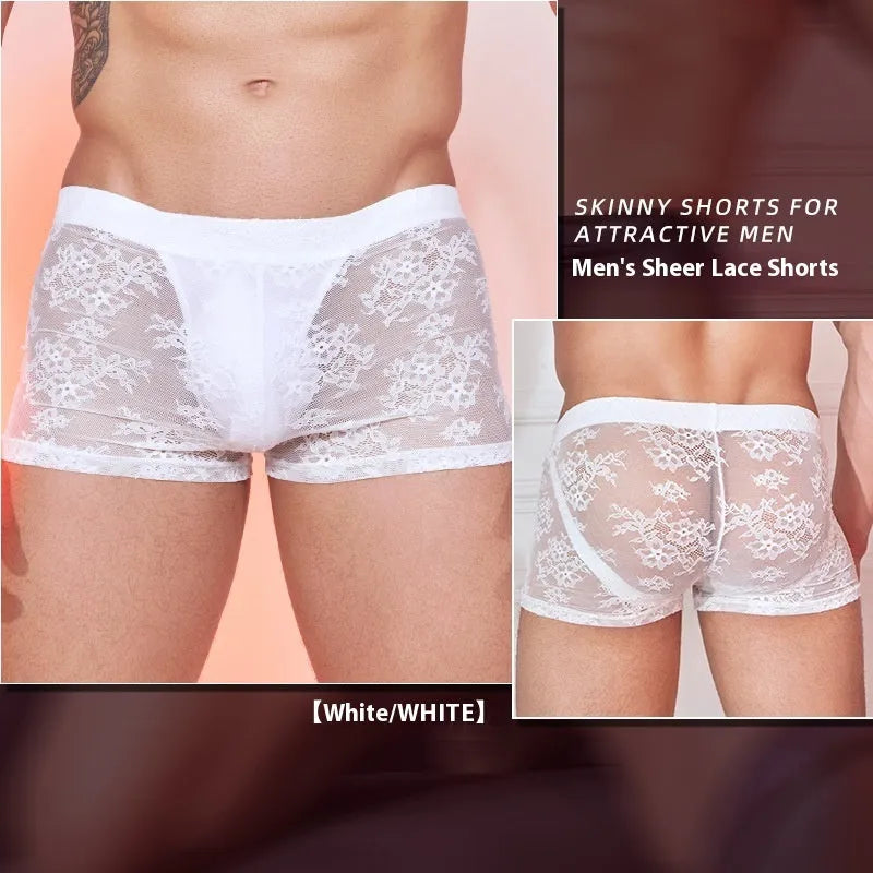 Men's black boxer briefs with white lace trim around the leg openings.