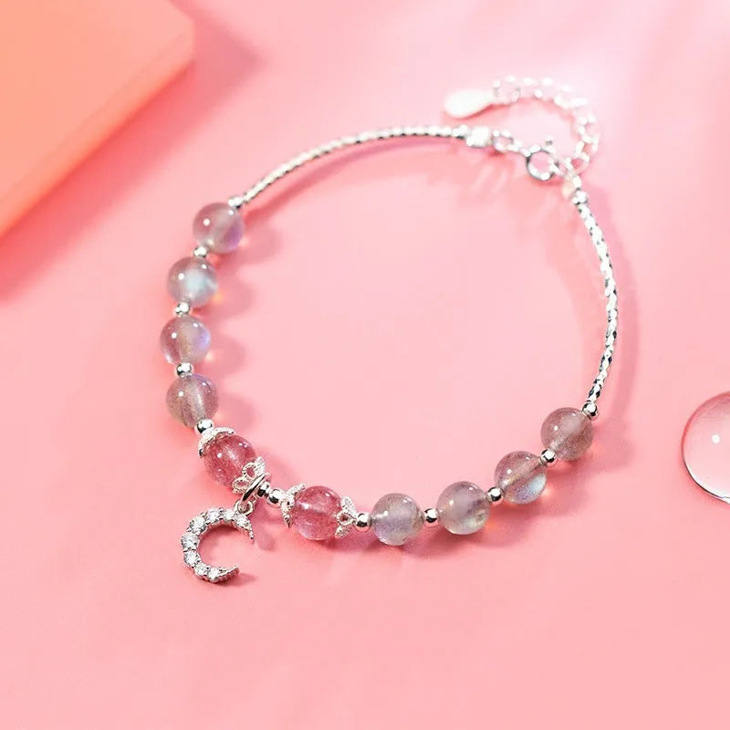 Handmade natural moonstone bracelet with crescent charm on adjustable 16-19cm chain