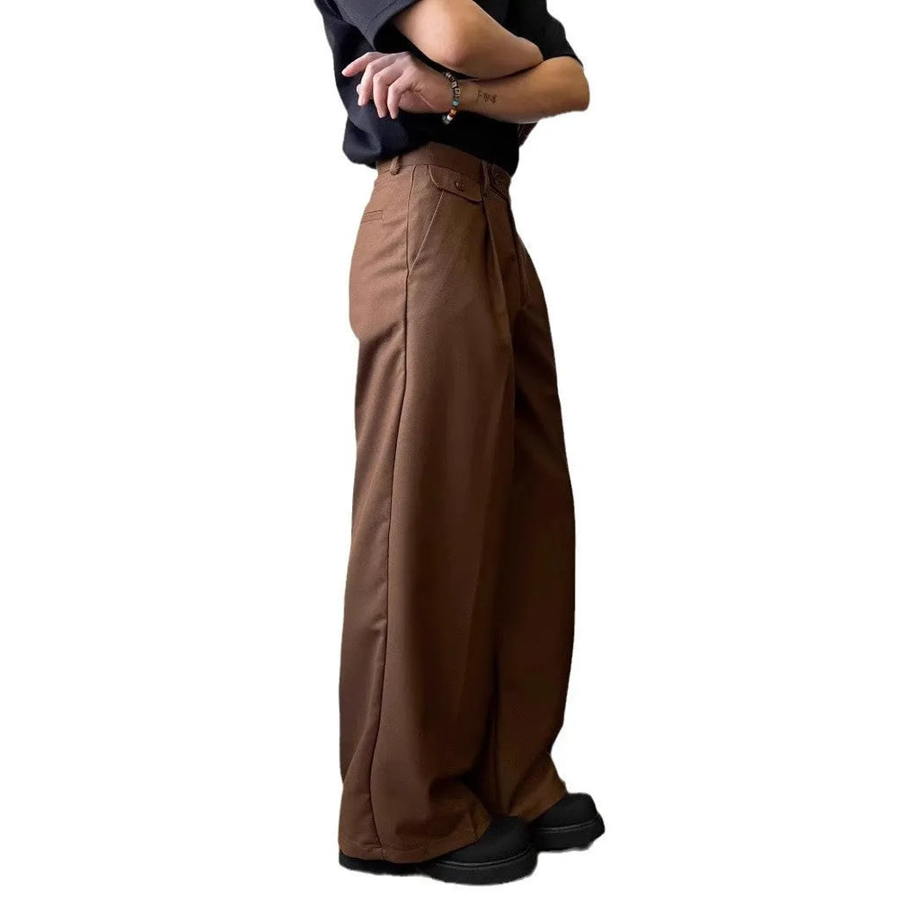 Men's brown straight-leg loose wide-cut casual trousers on a hanger