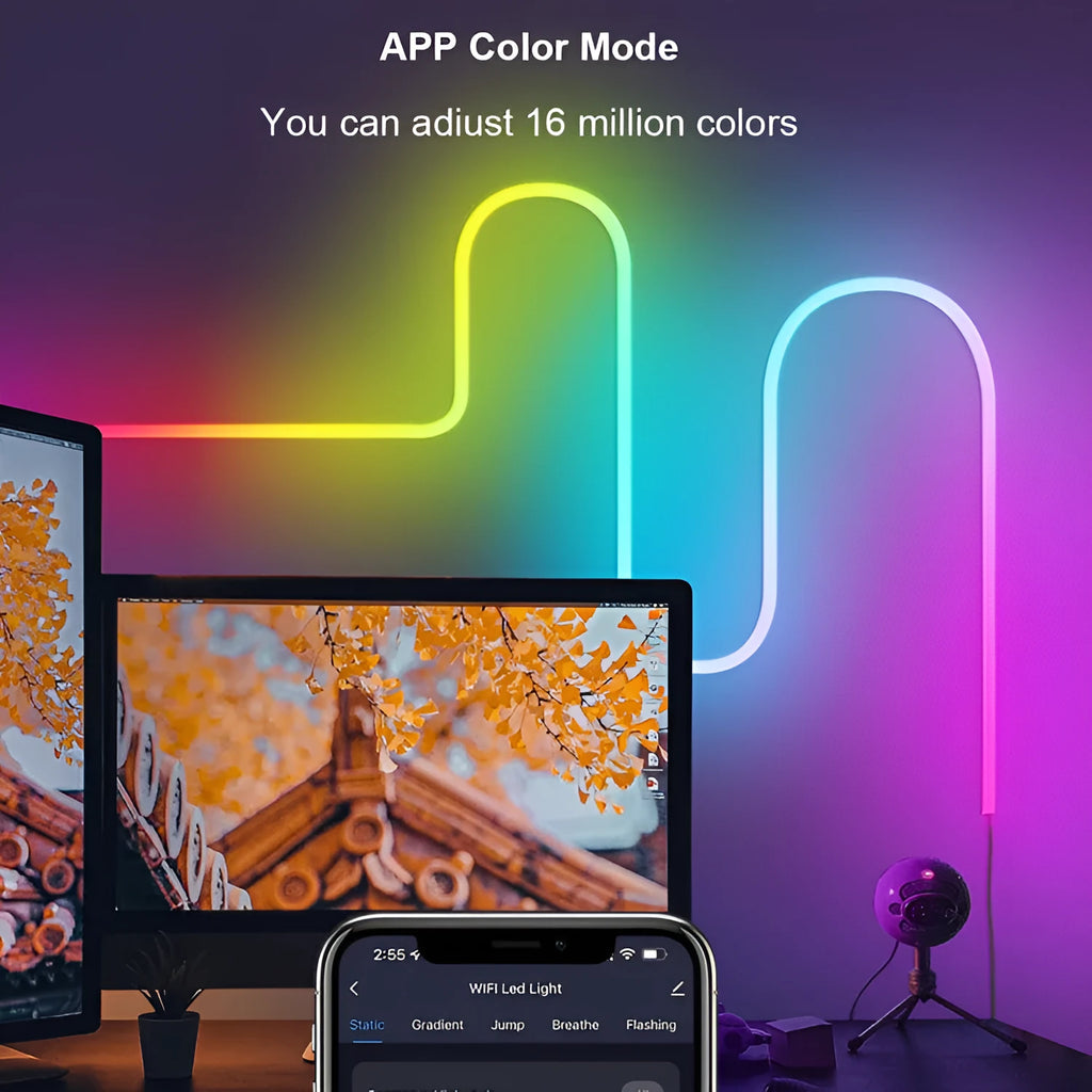 3-metre long flexible RGB neon LED light strip with remote control, showing colour-changing effects.