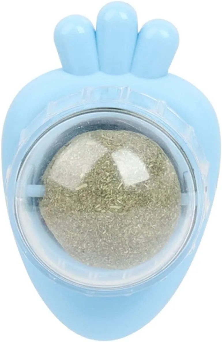 Blue carrot-shaped self-adhesive catnip ball toy for wall mounting and feline dental care.