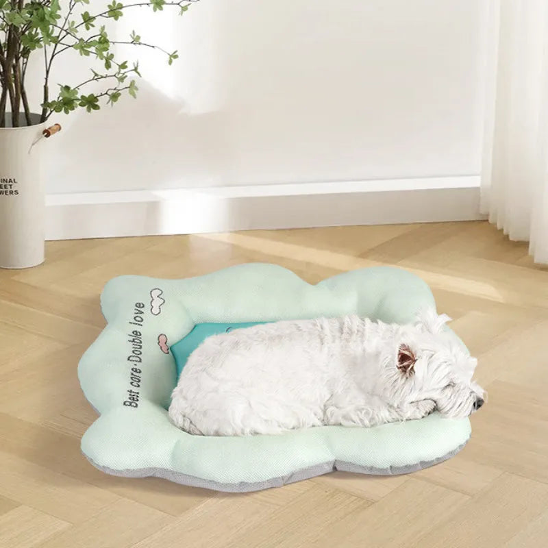 Ice silk pet cooling mat for dogs and cats in green and pink colours, available in four sizes