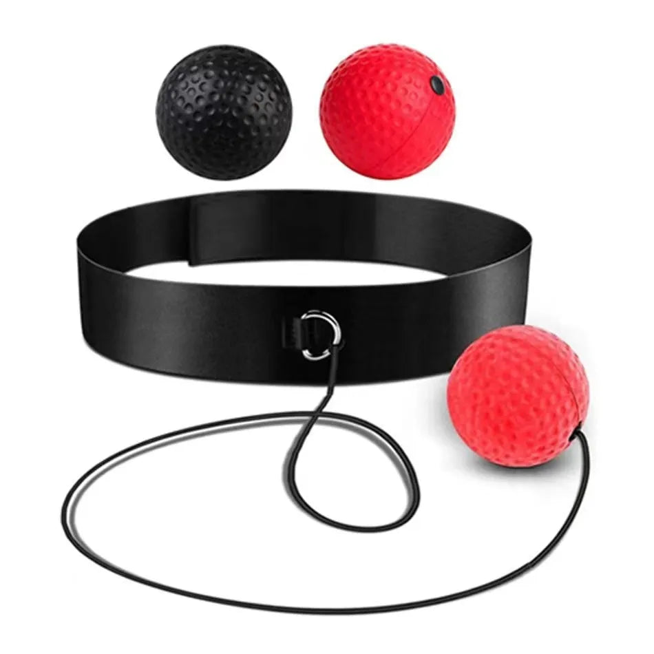 Head-mounted boxing reaction training ball set with multiple coloured balls and adjustable headbands