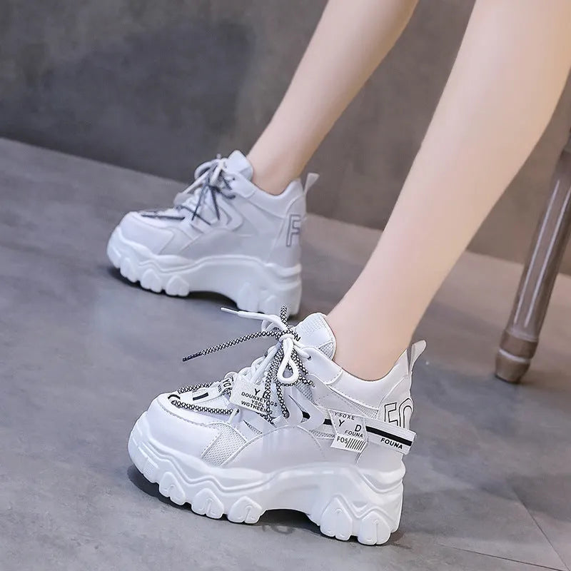Women's white mesh platform tennis shoes with cross-strap and 6-8cm rubber sole.