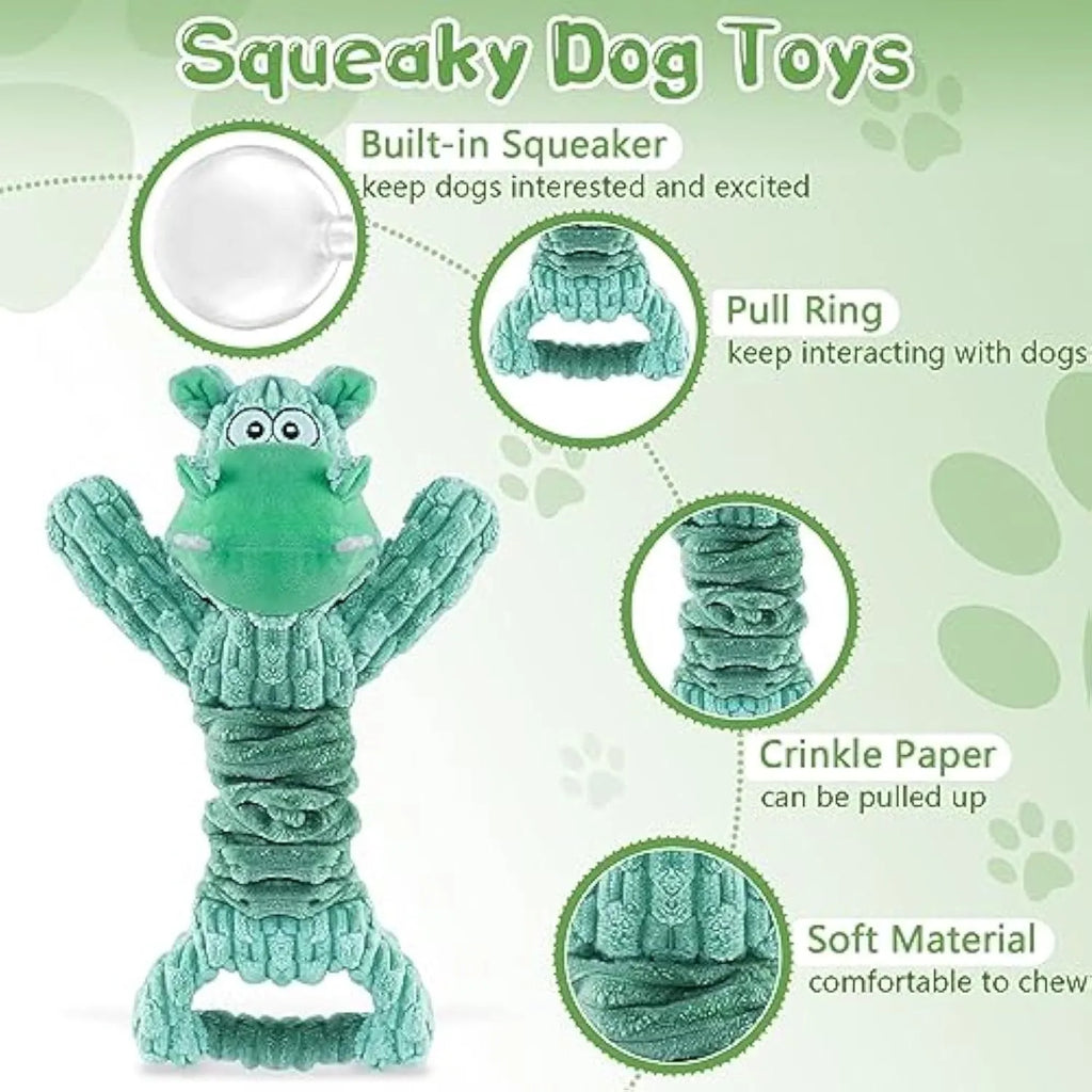 Large plush dog toy with Hippo or Monkey design featuring squeaky and crinkle sounds for interactive play