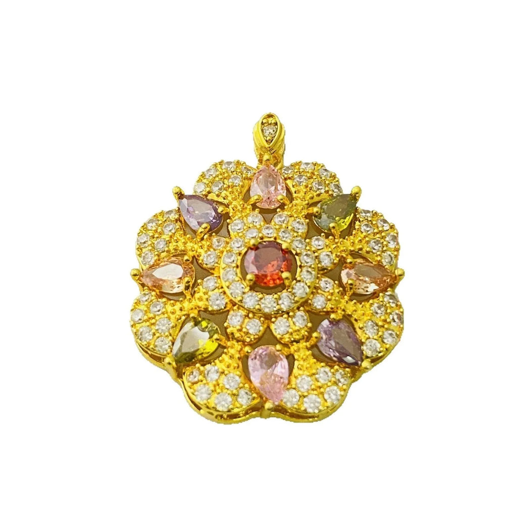 Women's floral zircon pendant necklace in gold tone with colourful stone flower design