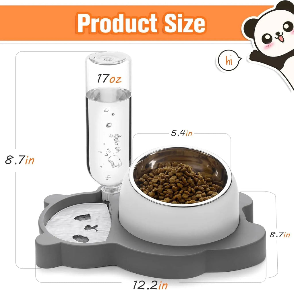 Grey panda-shaped elevated pet feeder with automatic water bottle and tilted stainless steel bowls for cats and small dogs
