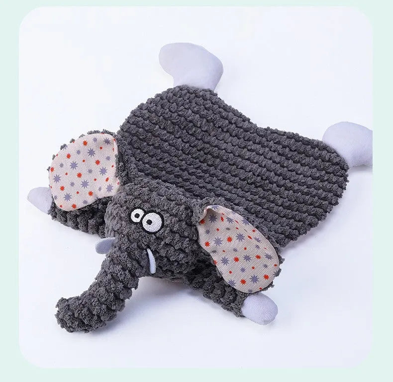 Brown and orange soft velvet pet stuffed toys shaped as an elephant and a fox for cats and dogs.