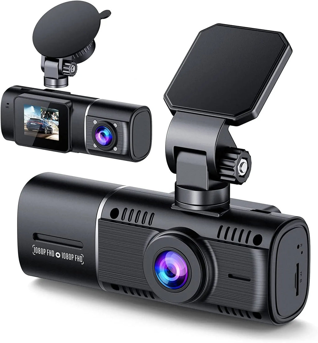 Black 1080p dual recording car dash camera with 1.5 inch screen on a windscreen stand.