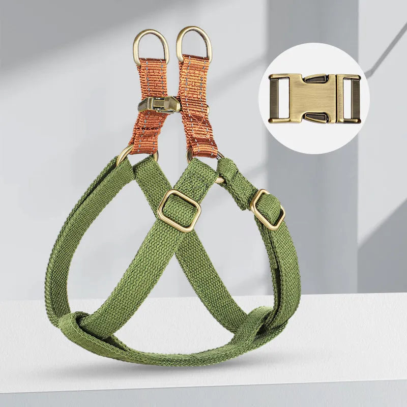 Brown vest-style dog leash with cotton belt construction and alloy fasteners