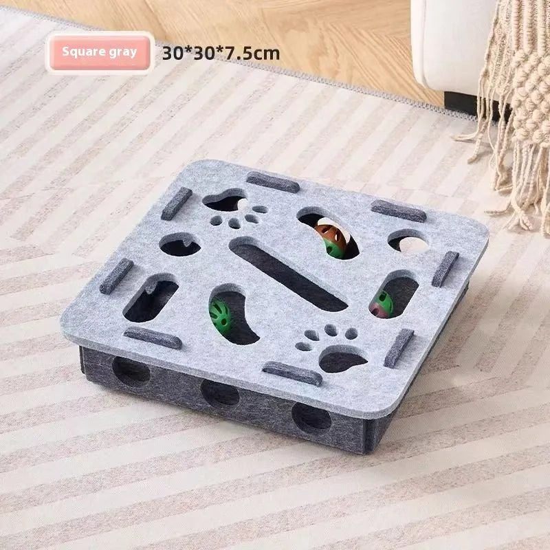 Green brown felt cat scratching box toy with hide-and-seek holes measuring 30x30x7.5cm