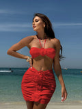 White three-piece split bikini for women with 3D flower detail and sleeveless cut
