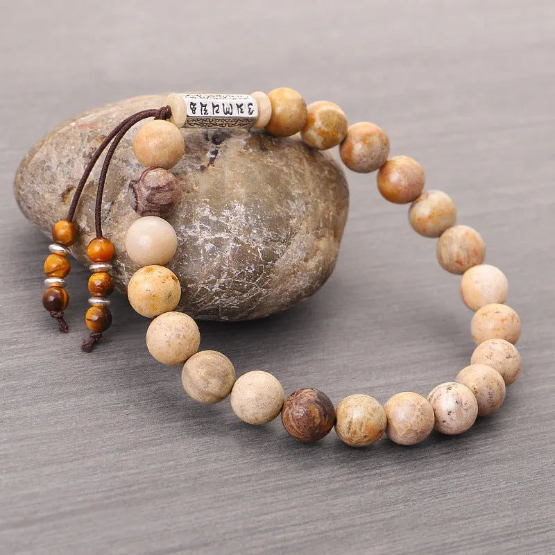 Handmade stone bead bracelet with natural wood colour and European American retro design