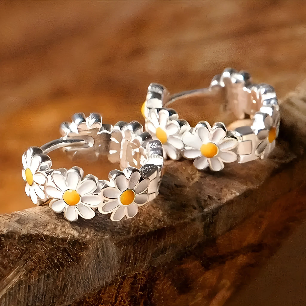 White daisy flower ring earrings with platinum gem setting on electroplated copper