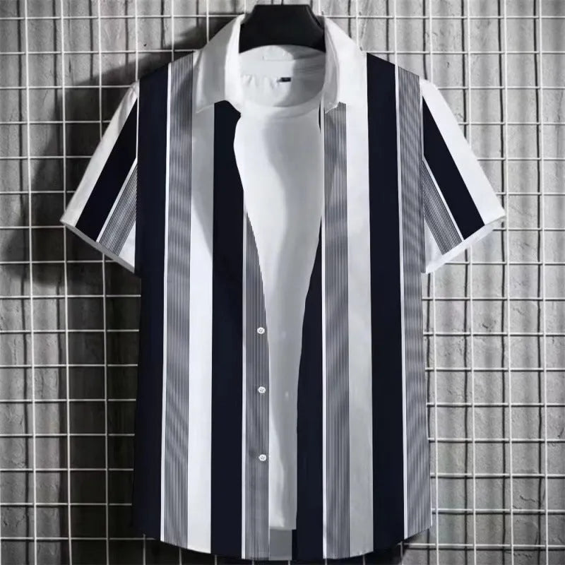 Men's striped linen t-shirt with 3D printing pattern in short sleeve design