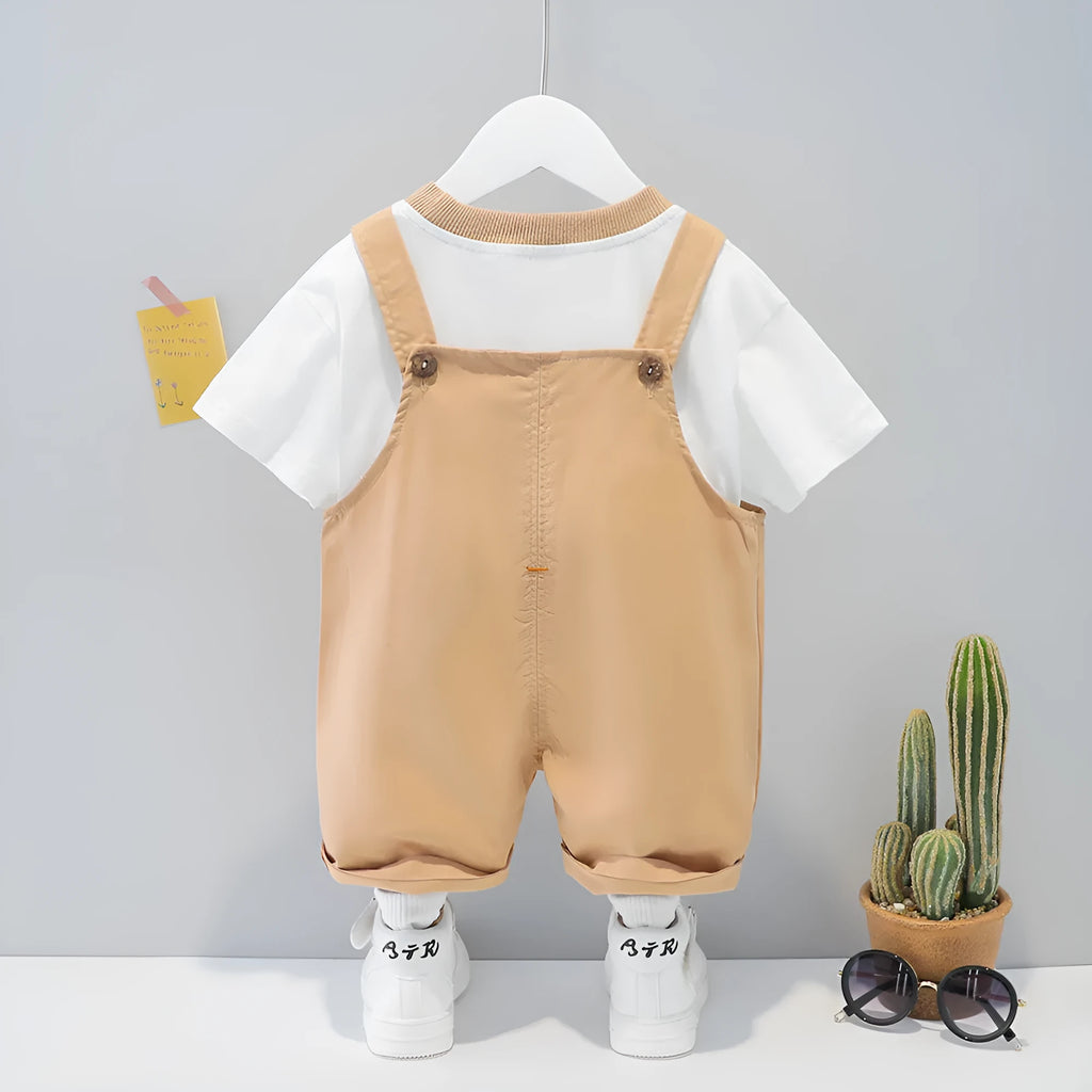 Yellow cotton baby short-sleeved overalls with cartoon print and adjustable straps