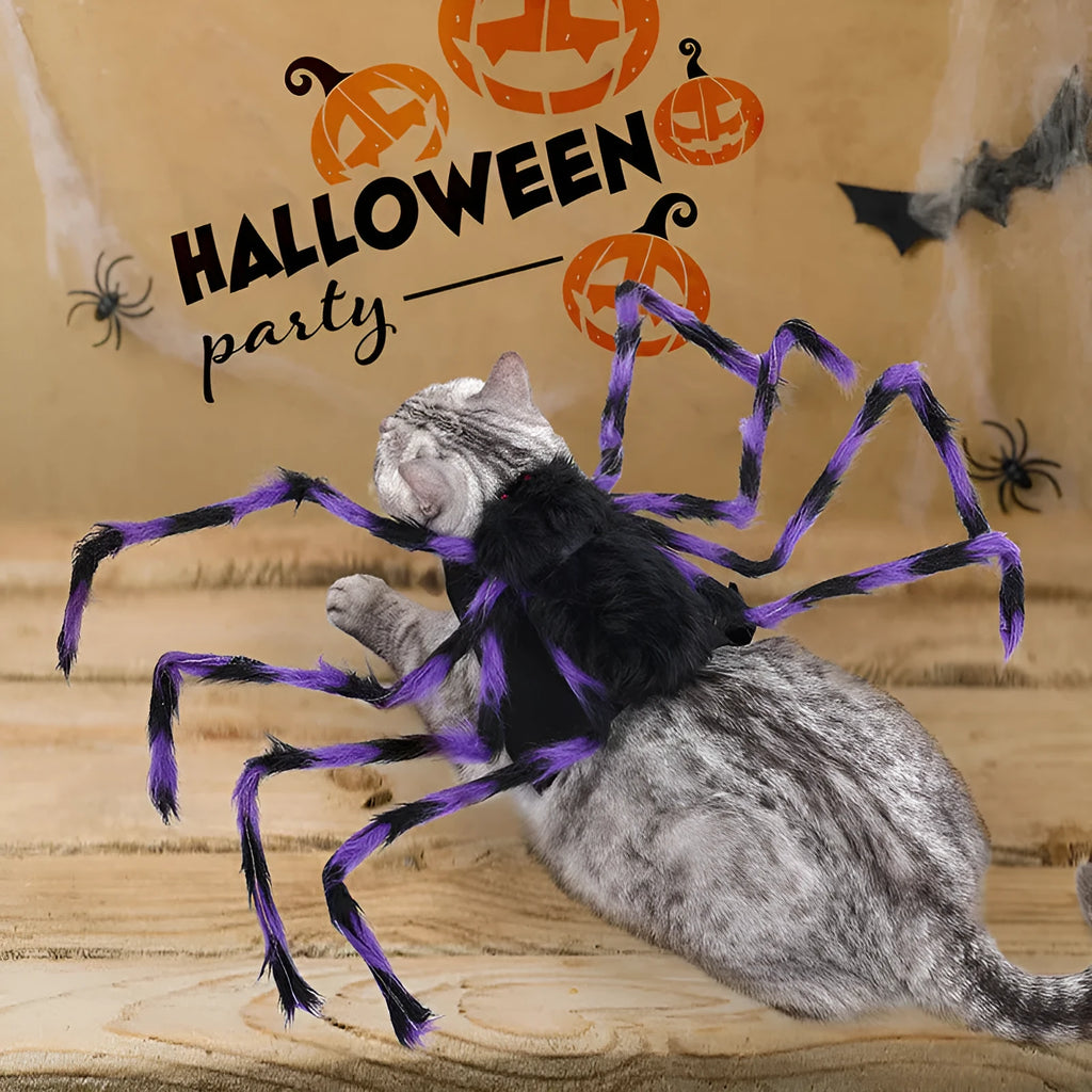 Grey, brown, and black and purple spider Halloween costume for a dog or cat on a mannequin.