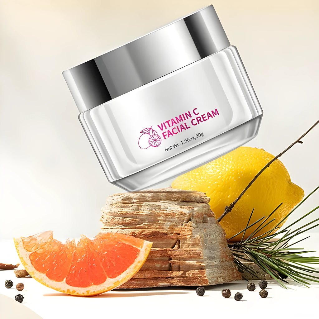 30g vitamin C face cream in a white 6cm wide by 5.2cm high jar.