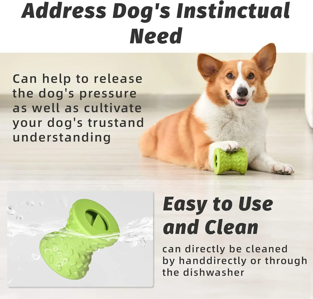 Blue rubber bone-shaped dog toy with hollow centre and food leakage holes
