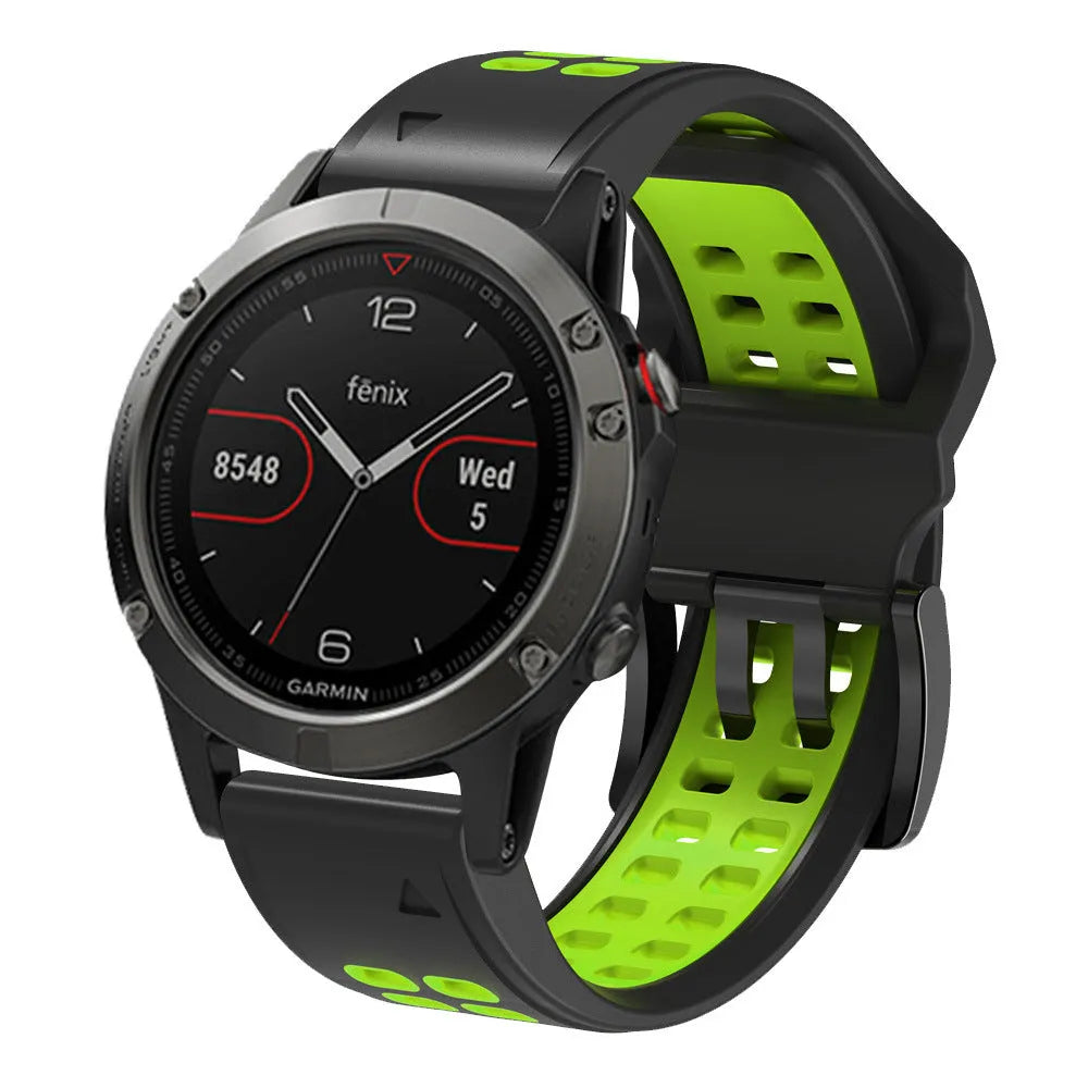 Quick release double-row hole silicone watch strap in a two-tone colour combination with a pin buckle.