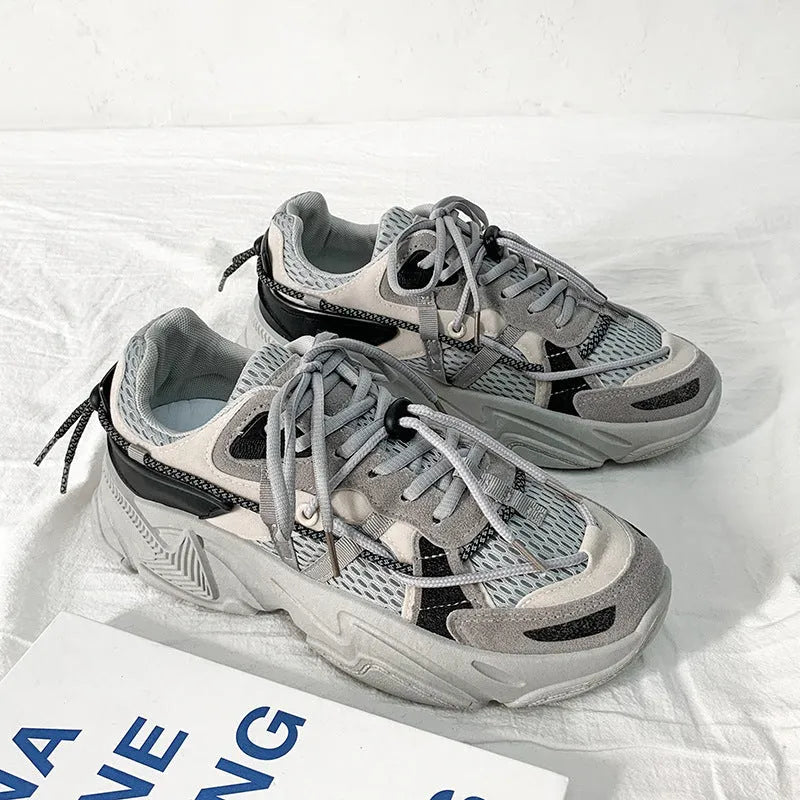 Men's white platform dad shoes with lace-up front and breathable mesh lining, Korean style.