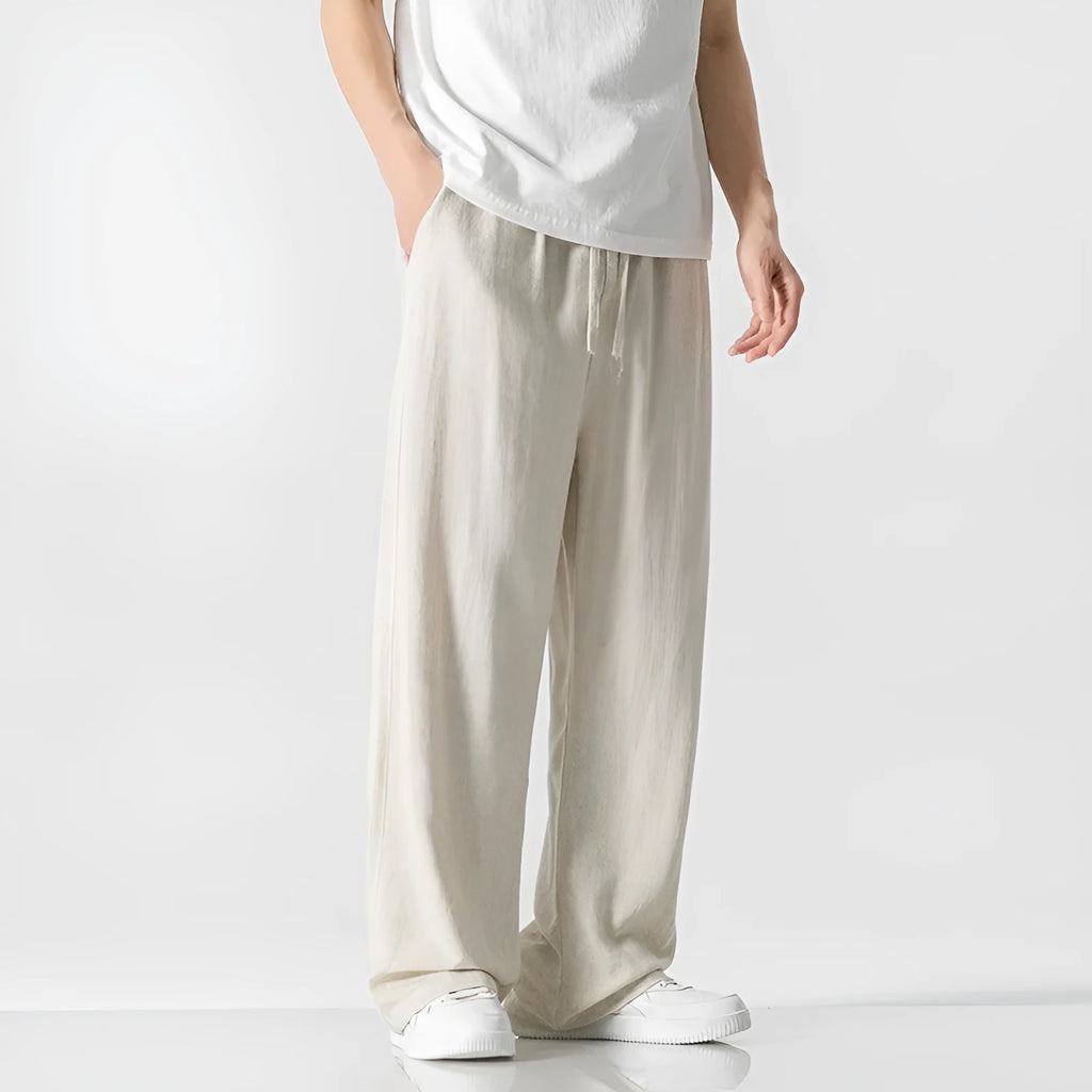 Men's bamboo fibre linen trousers in cropped length with drawstring waist and straight-leg cut