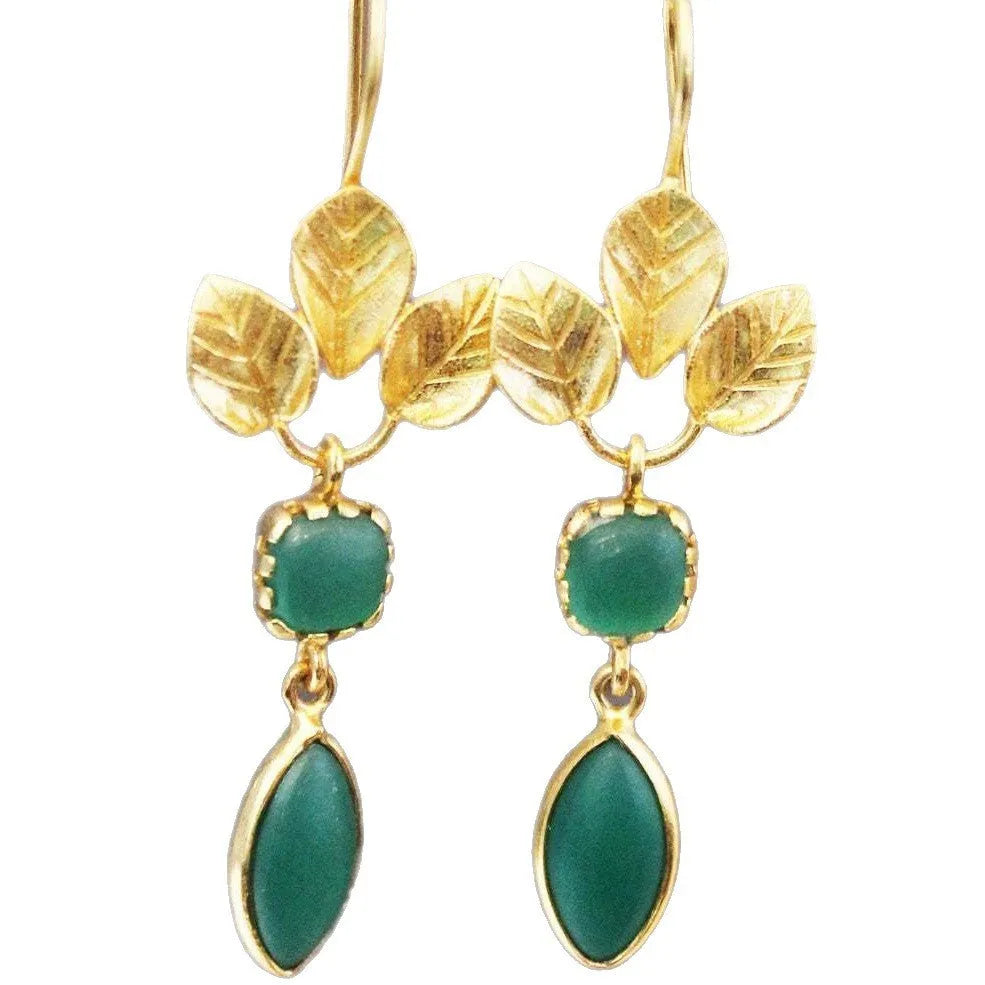 Gold drop shape retro earrings with French leaves tassel design and water drop zircon elements on copper background