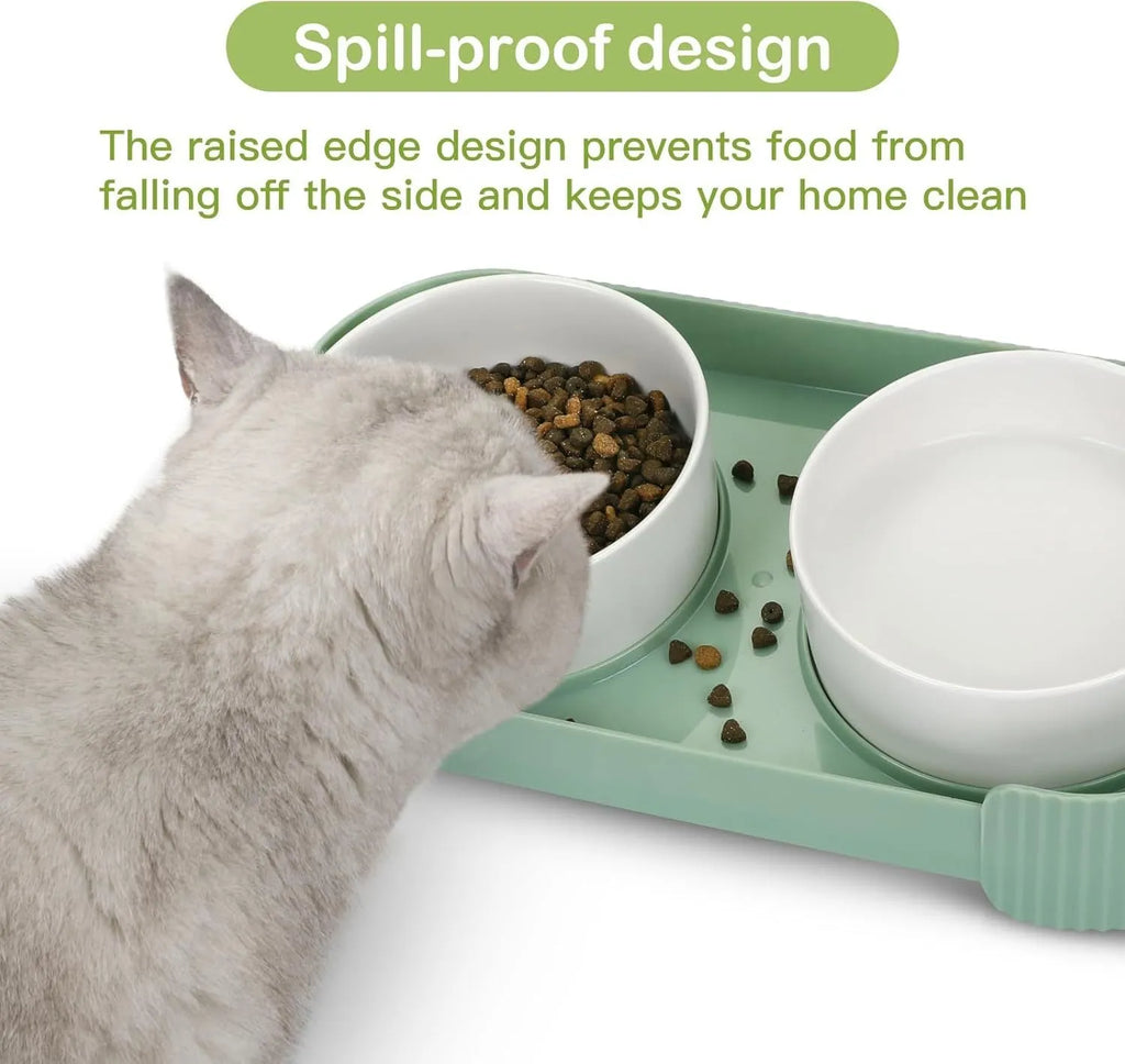 Ceramic elevated cat bowls with tilted stand and non-slip base in green, white or yellow