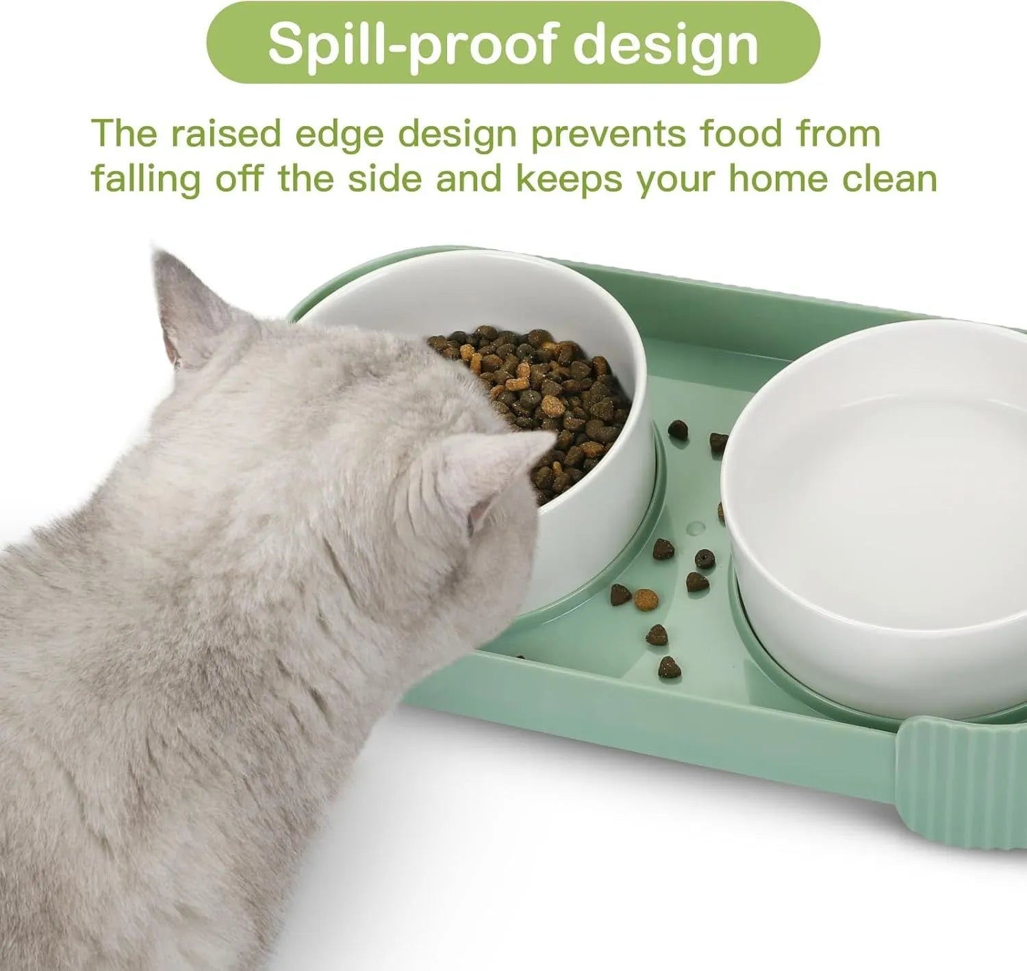 Ceramic elevated cat bowls with tilted stand and non-slip base in green, white or yellow