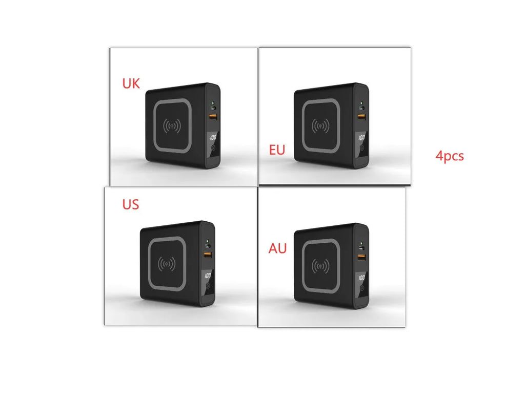 Black and white Super QI wireless charging power bank with built-in plug and international adapters.