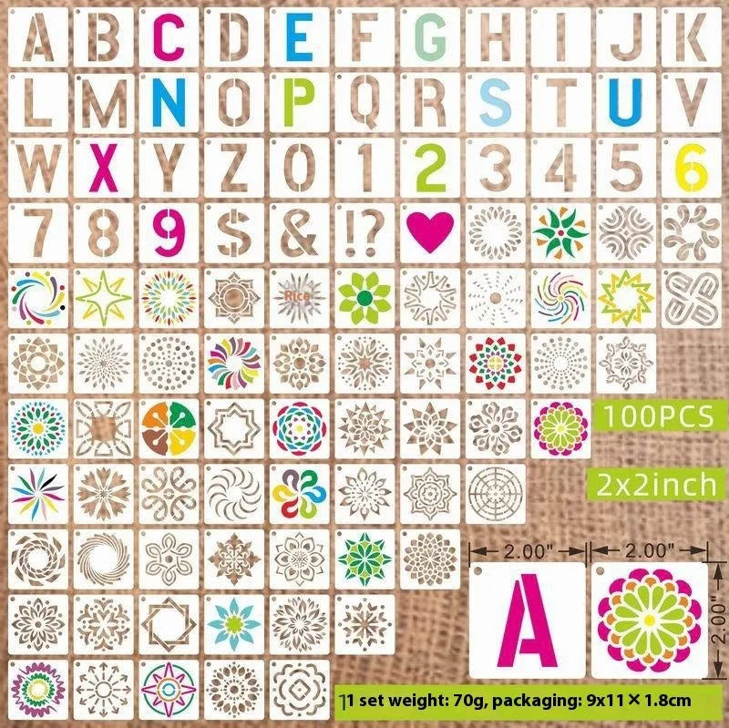700-piece collection of 2-inch PET film spray painting stencils showing flower, animal, ocean, Hawaiian, and letter designs