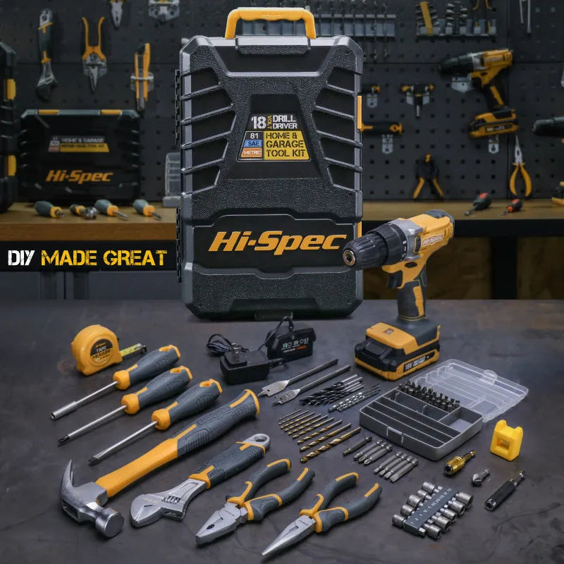 Grey-yellow toolbox open to show 82-piece chrome-vanadium steel tool set for furniture installation.