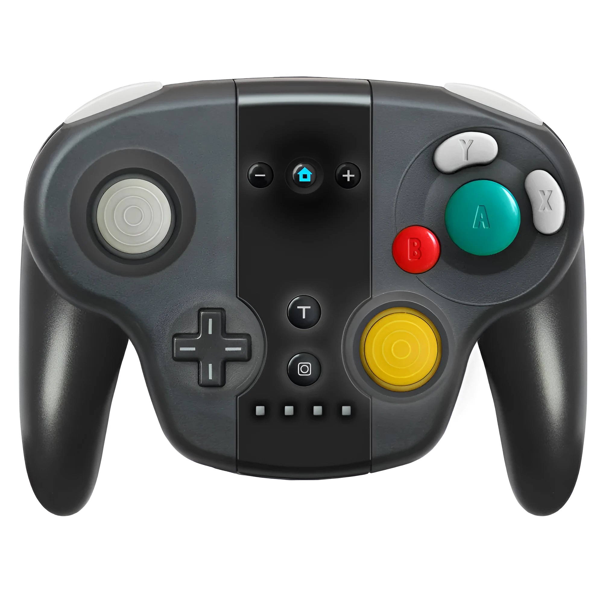 Black wireless gamepad for Nintendo Switch and PC with colourful packaging, showing buttons and joysticks.