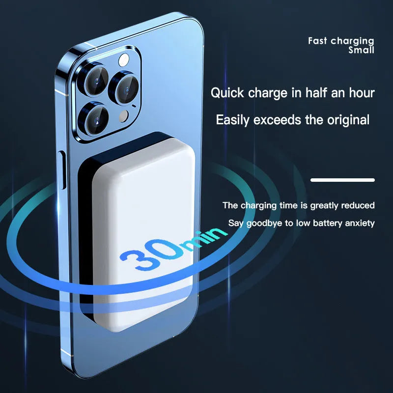 Magnetic wireless power bank with 20000mAh capacity in pink, purple or white plastic housing