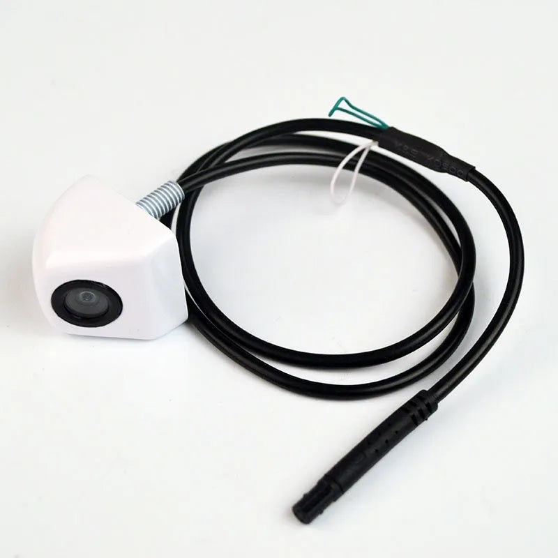 Screw plug-in HD car rearview camera with metal shell in black, shown with cable and mounting screws.