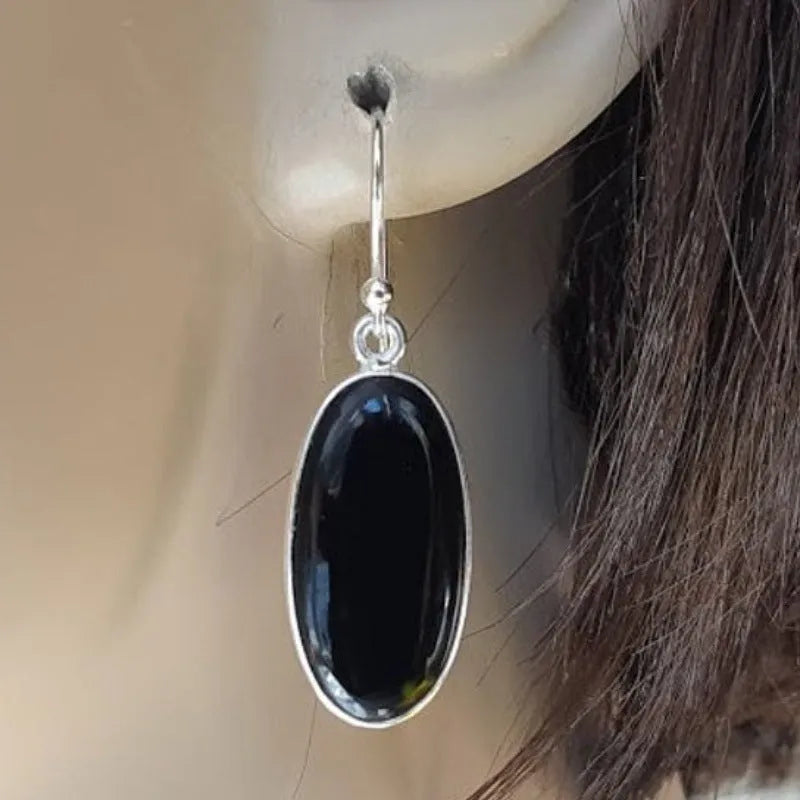 Women's black agate oval pendant earrings with 925 silver geometric design and electroplated alloy construction